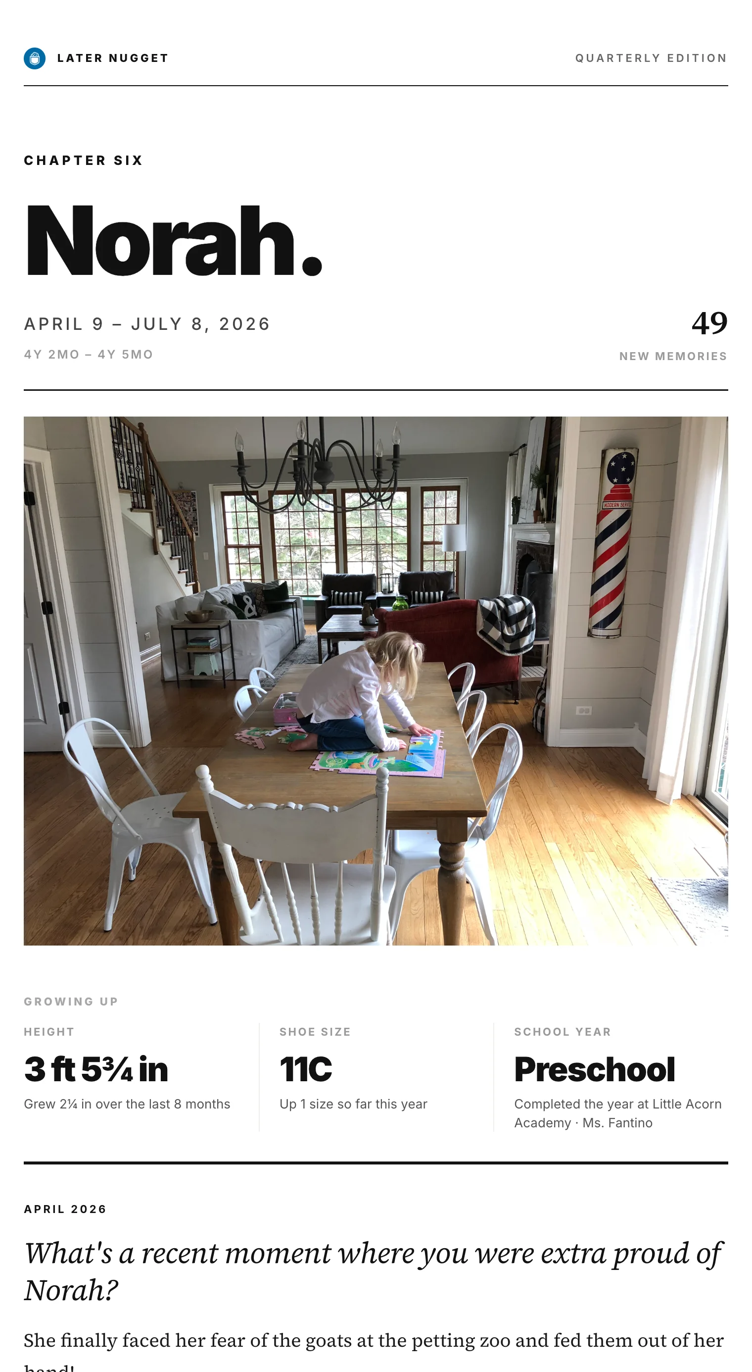 A sample Quarterly Edition: a cover reading Chapter Six, Norah, April 9 to July 8, 2026, followed by memories with photos and a pull quote